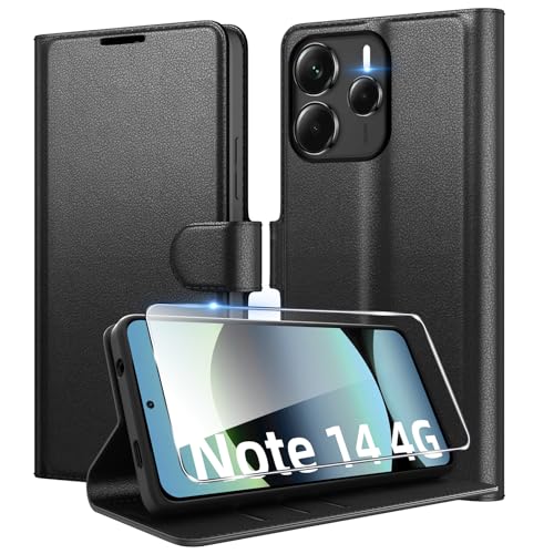 Eirltiy Handyhülle für Xiaomi Redmi Note 14 4G (Nicht für 5G) Hülle + 1 Schutzfolie, [Premium PU Leder Klapphülle] [Kartenfach, Wallet, Standfunktion], Flip Schutzhülle für Redmi Note 14, Schwarz von Eirltiy