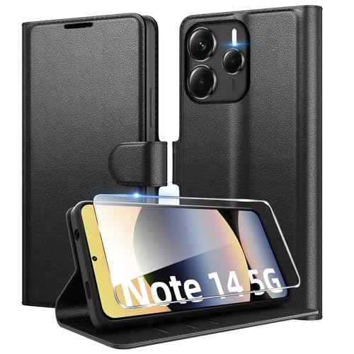 Eirltiy Handyhülle für Xiaomi Redmi Note 14 5G Hülle + 1 Schutzfolie, [Premium PU Leder Klapphülle] [Kartenfach, Wallet, Standfunktion], Magnet Flip Schutzhülle Case für Redmi Note 14, Schwarz von Eirltiy