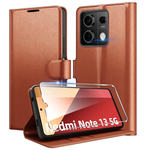 Eirltiy Handyhülle für Xiaomi Redmi Note 13 5G Hülle + 1 Schutzfolie, [Premium PU Leder Hülle] [Kartenfach, Geldbörsen, Magnetverschluss], Flip Case Etui für Redmi Note 13,Braun von Eirltiy