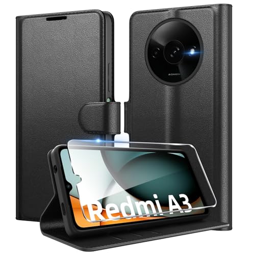 Eirltiy Handyhülle für Xiaomi Redmi A3 Hülle + 1 Schutzfolie, [Premium PU Leder Hülle] [Kartenfach, Geldbörsen, Magnetverschluss], Flip Case Etui für Redmi A3, Schwarz von Eirltiy