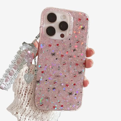 Eiyikof Glänzende Schutzhülle für iPhone 16 Pro Max mit niedlichem Schleifen- und Schmetterlingsmuster, transparente Handyhülle und schöne Armbandkette, kompatibel mit iPhone 16 Pro Max für Mädchen von Eiyikof