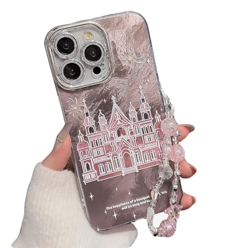 Eiyikof Glänzende Schutzhülle für iPhone 16 Pro Max mit niedlichem Schlossmuster, Diamant-Kameraschutzfolie und schöner Armbandkette, kompatibel mit iPhone 16 Pro Max für Mädchen und Frauen (Rosa) von Eiyikof