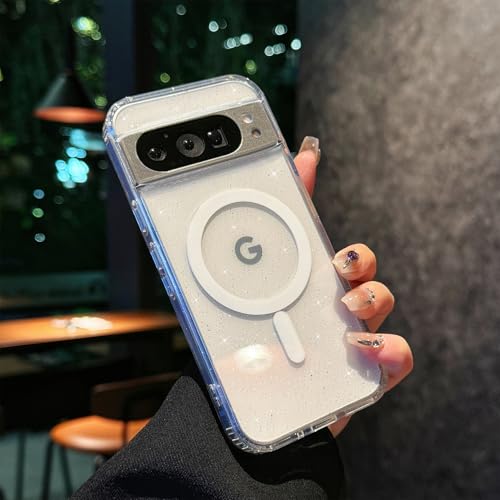 Eiyikof Kompatibel mit Google Pixel 8 Pro XL, magnetische Hülle mit glitzernder, klarer Rückseite, luxuriöser stoßfester Schutz und schlank, dünn, für Google Pixel 8 Pro XL, niedliche Hülle für Frauen von Eiyikof