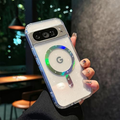Eiyikof Kompatibel mit Google Pixel 8 Pro XL, magnetische Hülle mit glitzernder, klarer Rückseite, luxuriöser stoßfester Schutz und schlank, dünn, für Google Pixel 8 Pro XL, niedliche Hülle für Frauen von Eiyikof