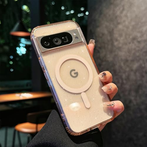 Eiyikof Kompatibel mit Google Pixel 8 Pro XL, magnetische Hülle mit glitzernder, klarer Rückseite, luxuriöser stoßfester Schutz und schlank, dünn, für Google Pixel 8 Pro XL, niedliche Hülle für Frauen von Eiyikof