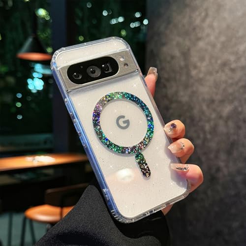 Eiyikof Kompatibel mit Google Pixel 8 Pro XL, magnetische Hülle mit glitzernder, klarer Rückseite, luxuriöser stoßfester Schutz und schlank, dünn, für Google Pixel 8 Pro XL, niedliche Hülle für Frauen von Eiyikof