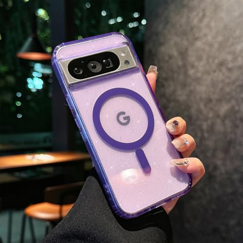 Eiyikof Kompatibel mit Google Pixel 8 Pro XL, magnetische Hülle mit glitzernder, klarer Rückseite, luxuriöser stoßfester Schutz und schlank, dünn, für Google Pixel 8 Pro XL, niedliche Hülle für Frauen von Eiyikof