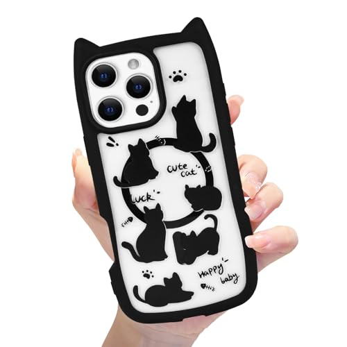 Eiyikof Kompatibel mit iPhone 16 Pro Max, magnetische Katzenhülle mit 3D-Katzenohren, niedlichem Katzenmuster und stoßfestem Schutz für iPhone 16 Pro Max, Hülle für Damen und Mädchen, Schwarz A von Eiyikof
