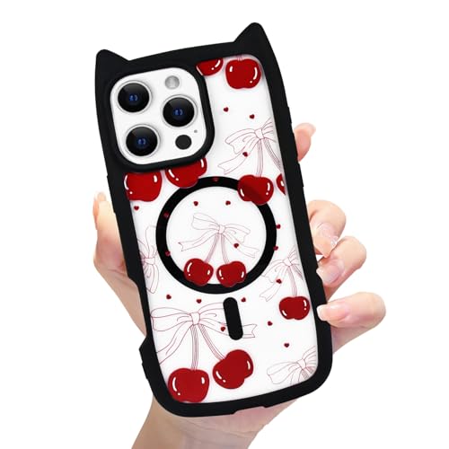 Eiyikof Kompatibel mit iPhone 16 Pro Max, magnetische Katzenhülle mit niedlichem 3D-Katzenohren, Kirschschleifen-Muster und stoßfestem Schutz für iPhone 16 Pro Max, Hülle für Damen und Mädchen von Eiyikof