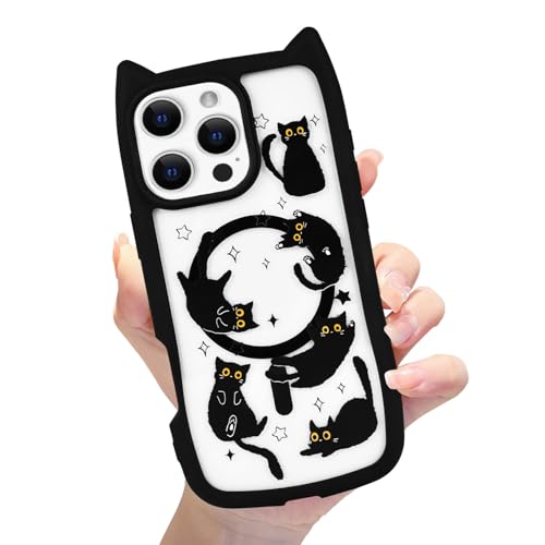 Eiyikof Magnetische Katzenhülle mit 3D-Katzenohren, niedlichem Katzenmuster und stoßfestem Schutz für iPhone 16 Pro Max, kompatibel mit iPhone 16 Pro Max, für Damen und Mädchen, Schwarz B von Eiyikof