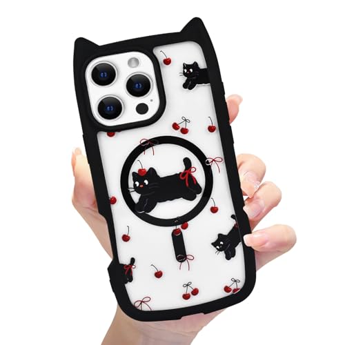 Eiyikof Magnetische Katzenhülle mit 3D-Katzenohren, niedlichem Katzenmuster und stoßfestem Schutz für iPhone 16 Pro Max, kompatibel mit iPhone 16 Pro Max, für Damen und Mädchen, Schwarz C von Eiyikof