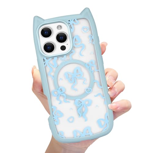 Eiyikof Magnetische Katzenhülle mit 3D-Katzenohren, niedlichem Schleifenmuster und stoßfestem Schutz für iPhone 16 Pro Max, kompatibel mit iPhone 16 Pro Max, für Damen und Mädchen, Blau von Eiyikof
