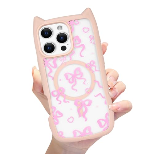 Eiyikof Magnetische Katzenhülle mit 3D-Katzenohren, niedlichem Schleifenmuster und stoßfestem Schutz für iPhone 16 Pro Max, kompatibel mit iPhone 16 Pro Max, für Damen und Mädchen, Rosa von Eiyikof
