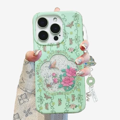 Eiyikof Schutzhülle für iPhone 16 Pro Max mit niedlichem Blumenmuster, transparente Handyhülle und schöner Armbandkette, kompatibel mit iPhone 16 Pro Max für Mädchen und Frauen (Grün) von Eiyikof