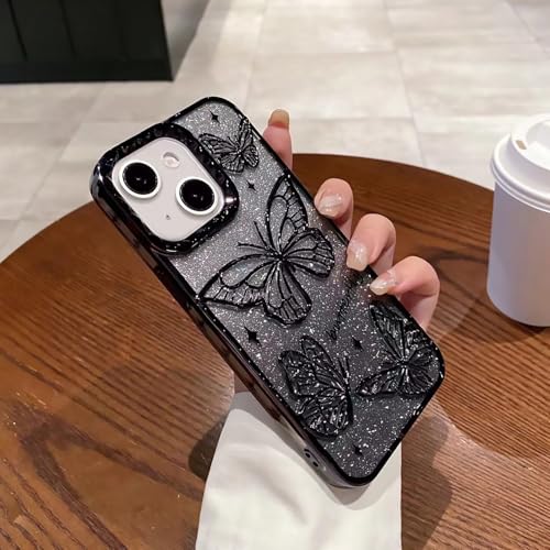 Eiyikof Transparente Schutzhülle für iPhone 15, kompatibel mit niedlichem 3D-Schmetterling, glitzerndes Galvanik-Design und luxuriösem stoßfestem Schutz für Damen und Mädchen, Schwarz von Eiyikof