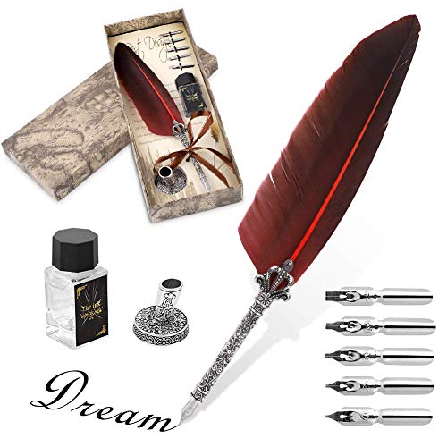 Antike Kalligraphie Feder Handgemachte Feder und Tinte Set, Vintage Executive Briefpapier Geschenk mit Flaschenfedern Harry Potter Feder und Tinte Set mit Geschenkbox & 5 Federn rot von Ejoyous