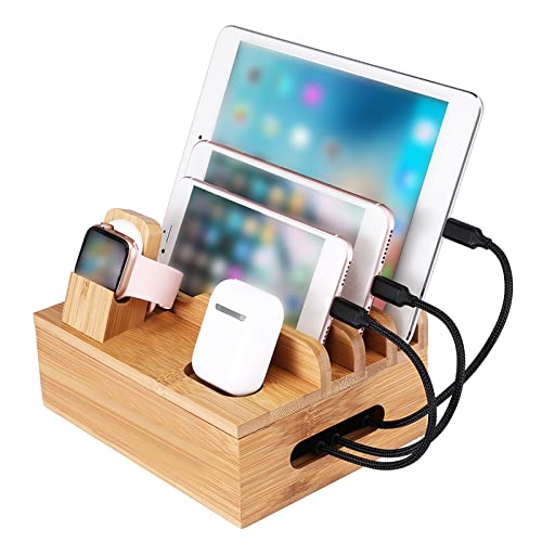 Ejoyous Ladestation Mehrere Geräte, Bambus Handy Ladestation USB Ladegerät mehrfach Ladestation Handy- und Uhrenhalter für Zuhause und Büro von Ejoyous