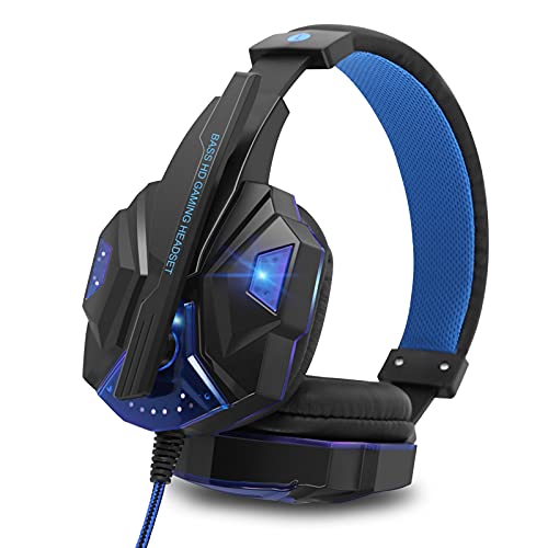 Gaming Headset, Gaming Kopfhörer mit Mikrofon und Geräuschunterdrückung, LED-Lichteffekt für Laptop Playstation 4 Tablet Switch Cell Phones USB + 3,5 mm Stereo(Blue) von Ejoyous