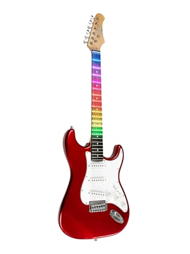 EKO Guitars – S-300 Chrome Red Visual Note, E-Gitarre "Visual Note", Pappel-Körper, Ahorngriff, Harz-Tastatur, Visual Note-Folie, die mit der App verbunden ist, Farbe Chrome Red von Eko