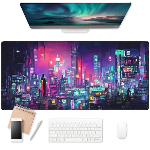 EkuaBot Cyberpunk Großes Gaming-Mauspad (90 x 40 cm, 3 mm dick), rutschfeste Gummiunterseite und verstärkte Schlosskanten, XXL-Mauspad für Arbeit, Spiel, Schreibtischmatte, Schreibtischdekoration von EkuaBot