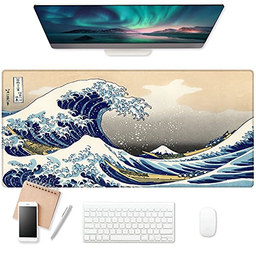 EkuaBot Kanagawa Wave Großes Gaming-Mauspad (80 x 40 cm, 3 mm dick), rutschfeste Gummi-Basis und verstärkte Verriegelungskanten, XXL-Mauspad für Arbeit, Schreibtischunterlage, Schreibtisch-Dekoration von EkuaBot