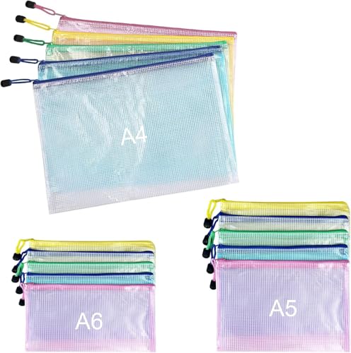 Elalove 15 Stück A4 A5 A6 Netz durchsichtige Reißverschluss Organizer Mappe – Wasserdicht, Leicht Sichtbar, 5 Farben, 3 Größen für Dokumente, Kosmetik, Kleinteile von Elalove