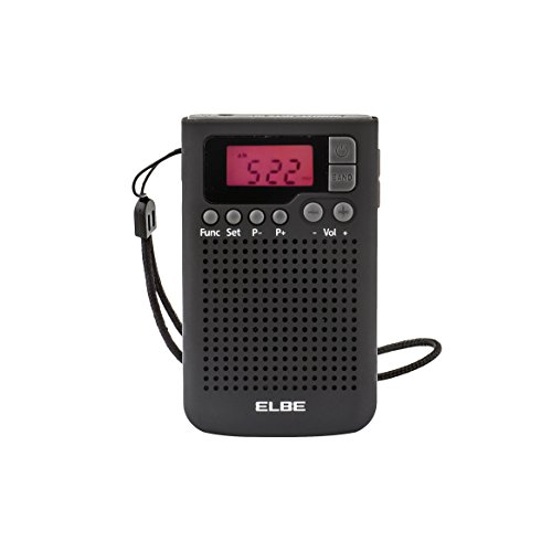 ELBE RF-93 Digitales Taschenradio, AM/FM-Radio, Speicher für 20 Sender, Wecker, eingebauter Lautsprecher, Schlaf-/Schlummerfunktion, LCD-Bildschirm, Clip zur Befestigung, schwarz von Elbe