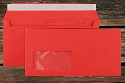 Rote Elco Color Briefumschläge mit Fenster (lasertauglich) / 114 x 229 mm (DL) / mit Abziehstreifen/haftklebend / 250 Stück von Elco Office Color