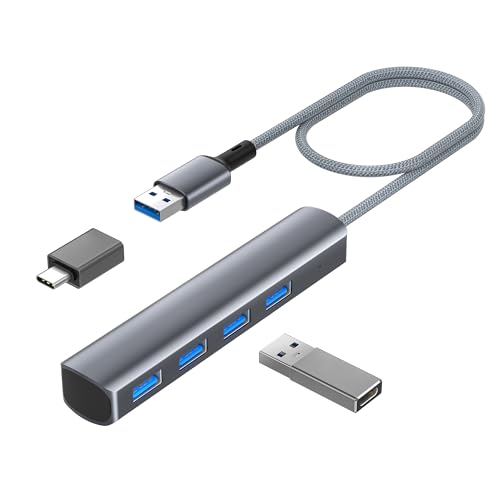 Elebase 4 Port USB 3.0 Hub mit 60cm Kabel,USB Port Expander Verteiler,4-in-1 Multiport Splitter 5Gbps Mehrfachstecker mit OTG & Adapter für MacBook,Laptop,PC,Desktop,PS5,PS4,Flash Drive,Keyboard von Elebase