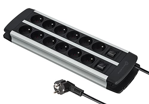 Electraline 35447 Alu-Line Steckdosenleiste mit 12 Steckdosen mit Gehäuse aus Aluminium, Kabel H05VV-F 3G1,5 mm, Länge 2 m, 2 Schalter (1 x 6 Steckdosen), mit Überlastschutz von Electraline