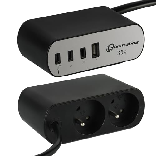 Electraline 35461 Steckdosenleiste für Schreibtische Electradock mit 2 französischen Steckdosen + 4 USB (3 USB C (Power Delivery) PD35W + 1 USB A QC) + 1 Tischhalterung inklusive von Electraline