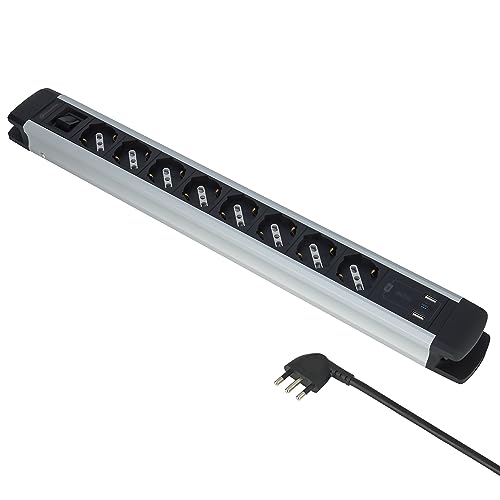 Electraline 61922 Alu-Line Mehrfachsteckdose, 8 Steckdosen, vielseitig, Schuko +10/16 A + 3 USB (2 USB A 3.0 A + 1 USB C 20 W Power Delivery) mit beleuchtetem EIN-/Ausschalter, 2 m, mit von Electraline