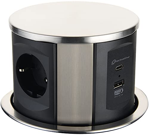 Electraline 62571 Versenkbar / Tischsteckdosenleiste / Tischsteckdose 3-fach Steckdose (2 USB 3.1A: 1 type A + 1 type C 15.5W, 2m Kabel), Einbausteckdose für Arbeitsplatte Mehrfachsteckdose von Electraline