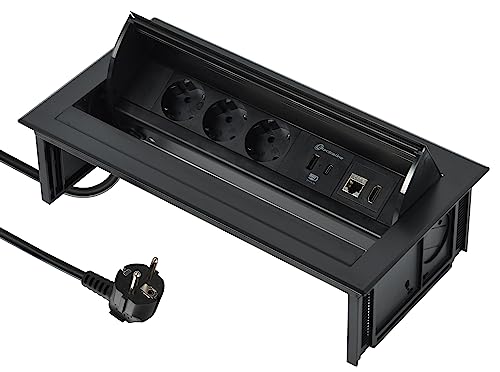 Electraline 62577 Mehrfachsteckdose Pop-up für Schreibtisch/Tisch Unterputzdose 3 Schuko-Steckdosen + 2 USB 3.1 A (1 Typ A + 1 Typ C) 15,5 W + 1 HDMI-Steckdose + 1 RJ45 Stecker Kabel 2M von Electraline