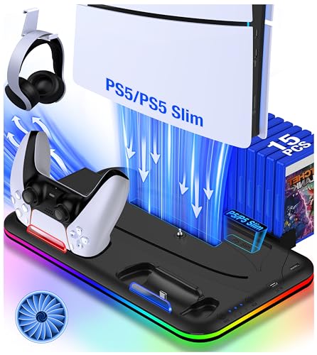 Elegamefy P5 Slim Ständer mit Kühler Lüfter, Standfuß für P5/P5 Slim Disc & Digital Konsole mit Controller Ladestation/Licht/15 Spiele Lagerung/Headset Halterung Zubehör von Elegamefy