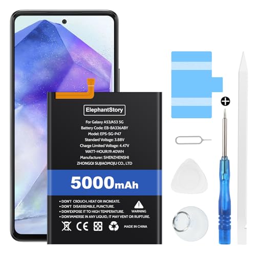 Akku für Galaxy A53 5G SM-A5360, SM-A536B, SM-A536E, SM-A536U 5000mAh Batteriecode EB-BA336ABY Li-Polymer Ersatzakku mit Werkzeugset von ElephantStory