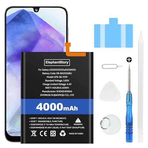 Akku für Samsung Galaxy A50 (A505F), A50s (A507F), A30s (A307F), A30 (A305F), A20 (A205F) 4000mAh Batteriecode EB-BA505ABU Li-Polymer Ersatzakku mit Repair Tool Kit von ElephantStory