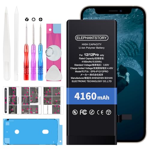 Akku für iPhone 12/12 Pro 4160 mAh Hohe Kapazität AkkuA2172 A2402 A2403 A2404 A2172 A2402 A2403 A2404 Interner Ersatzakku mit Komplettem Reparaturset, Anleitung und Schraubplatte von ElephantStory