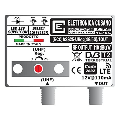 (ECO) ASS25-UReg(4G/5G)/1OUT - TV-Antennenverstärker mit LTE Filter 4G und 5G (wählbar), Mastantennenverstärker, 1 UHF-Eingang, Gain 25dB, Antennenverstärker 1 Ausgang, Made in Italy von Elettronica Cusano