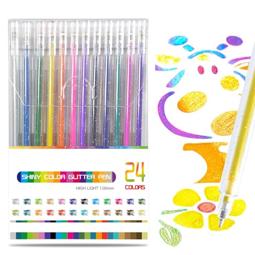 Elezeal Glitzer-Gelschreiber, verschiedene metallische Gelstifte mit 1,0 mm Spitze, farbiger, glänzender Stift für Kinder und Erwachsene, zum Malen, Kritzeln, Zeichnen, Schreiben, Notieren (24 Stück) von Elezeal