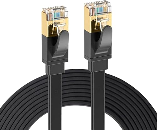 Elfcam® - 10 Meter Ethernet Kabel Cat 7 Plat, LAN/WLAN Kabel mit Vergoldetem RJ45 Stecker, Netzwerkkabel 100% Kupfer Starres Verlegekabel, 32AWG, Schwarz, 10m von Elfcam