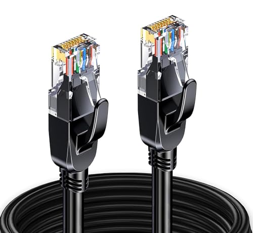 Elfcam® - 10 Meter Ethernet Kabel Cat 7 Rund, LAN Kabel mit Vergoldetem RJ45 Stecker, Netzwerkkabel 100% Kupfer Starres Verlegekabel, SFTP, 28 AWG, Schwarz, 10m von Elfcam