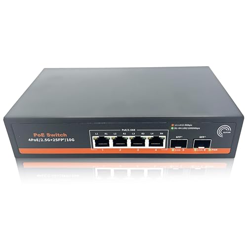 Elfcam® - 10Gbps PoE Switch Compatible with Cisco, with 2 x 10G SFP+ Ports und 4 x 2,5 PoE Gigabit Ethernet RJ45 Ports, Plug & Play Unmanaged (2 x 10Gb SFP+ Ports and 4 x 2.5G RJ45 PoE Ports) von Elfcam