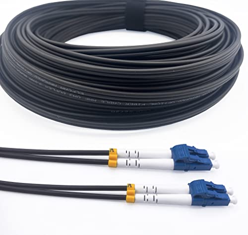 Elfcam® - 150m Geschirmtes Stahl-Glasfaserkabel für Außen- und Innenbereich LC/UPC zu LC/UPC OS2 Duplex Monomode 9/125μm LSZH,Schwarz (150M) von Elfcam