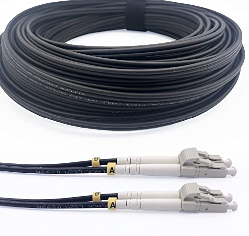 Elfcam® - 200m Gepanzerte Glasfaser-kabel LC/UPC auf LC/UPC OM3 Multimode Duplex 50/125um LSZH, LWL-Kabel LC für den Innen- und Außenbereich, Schwarz, 200M von Elfcam