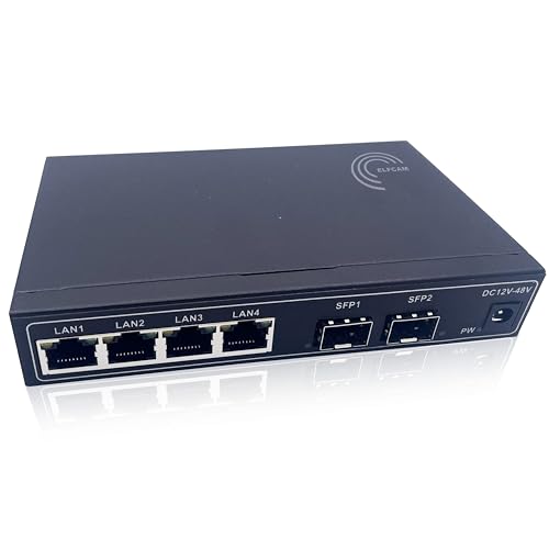 Elfcam® - Gigabit Ethernet Switch mit 2 SFP Ports und 4 Ethernet-Ports 10/100/1000Mbps, Plug & Play Nicht verwaltet, Robustes Metall (2 SFP-Ports) von Elfcam