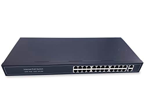 Elfcam® - PoE Gigabit Switch mit 24 Port Ethernet LAN und 2 Uplink Ethernet Port 10/100/1000Mbps, Unmanaged Plug-and-Play Netzwerk Switch PoE, Robustes Metallgehäuse, 24 Port PoE von Elfcam