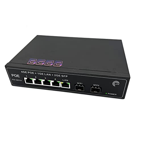 Elfcam® - PoE Switch Glasfaser mit 2 Ports SFP 1,25 GB, 4 Ports PoE Gigabit Ethernet 10/100/1000 Mbps, Plug & Play, Nicht verwaltet (4 PoE-Ports) von Elfcam