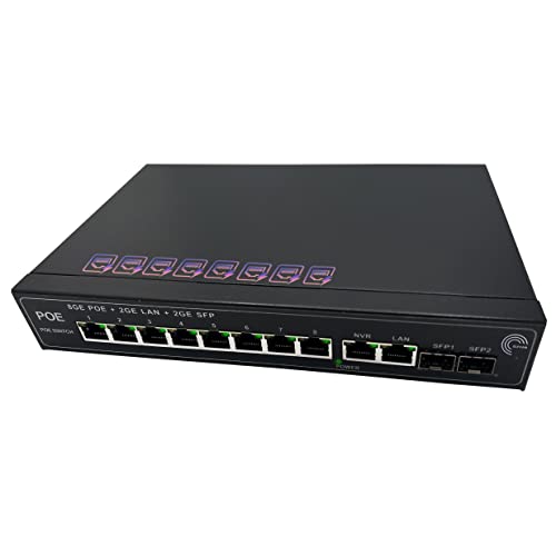 Elfcam® - PoE Switch Glasfaser mit 2 Ports SFP 1,25 GB, 8 Ports PoE Gigabit Ethernet 10/100/1000 Mbps, Plug & Play, Nicht verwaltet (8 PoE-Ports) von Elfcam