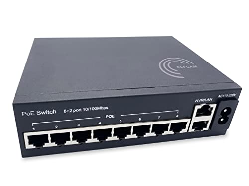Elfcam® - PoE Switch mit 8 Port Ethernet LAN und 2 Uplink Ethernet Port 10/100Mbps, Unmanaged Plug-and-Play Netzwerk Switch PoE, Robustes Metallgehäuse, 8 Port PoE von Elfcam